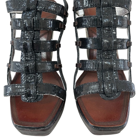 MATIKO Black + Brown Leather Wedge Strappy Sandals 8 - Picture 3 of 11